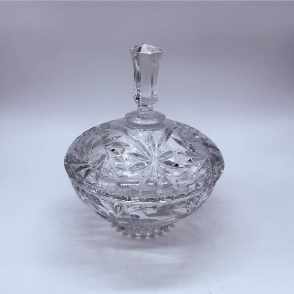 Early American Patterned Glass Candy Dish Bowl With Lid Hexagonal Finial - Picture 5 of 5